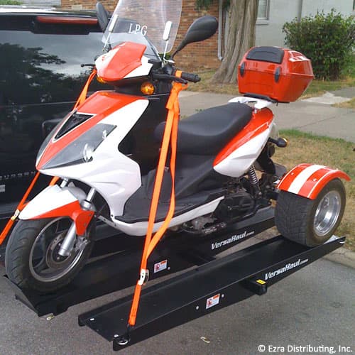 VersaHaul trike scooter carrier loaded with strapped down trike