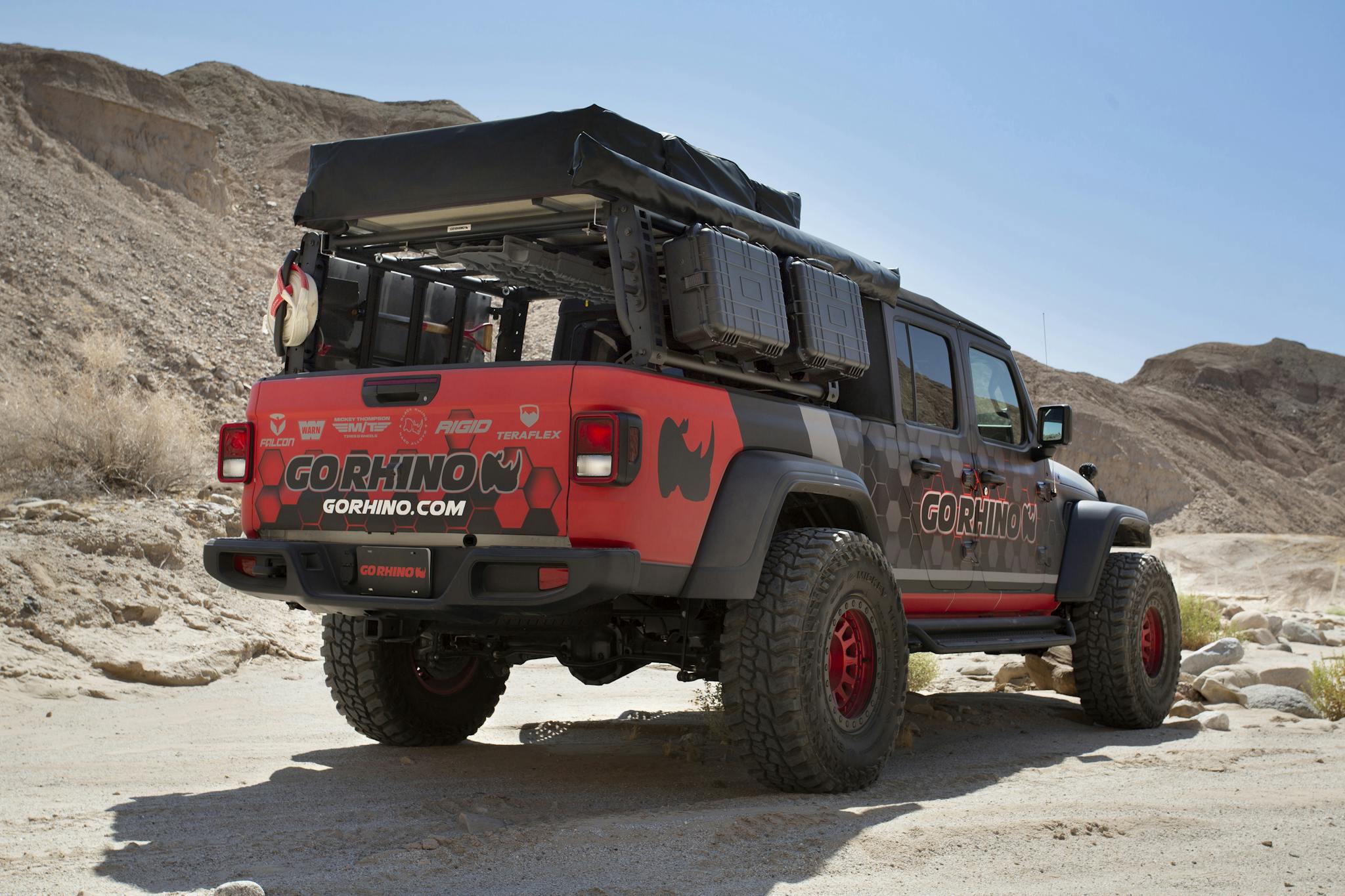 GoRhino branded accessories on a Jeep Gladiator in the desert